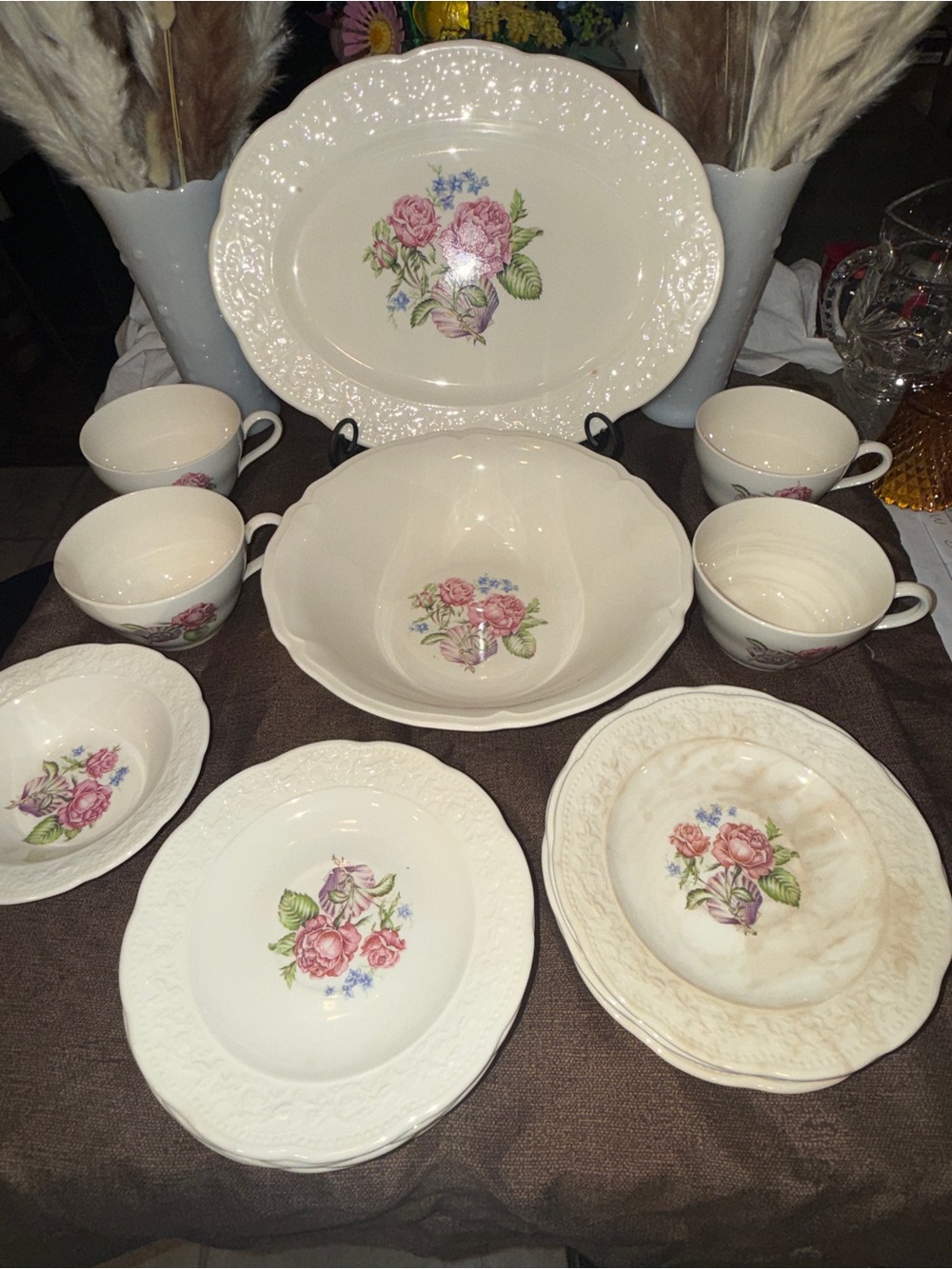 Vintage Edwin M Knowles China 18 Pc Set Pink Roses Pattern 44-8
